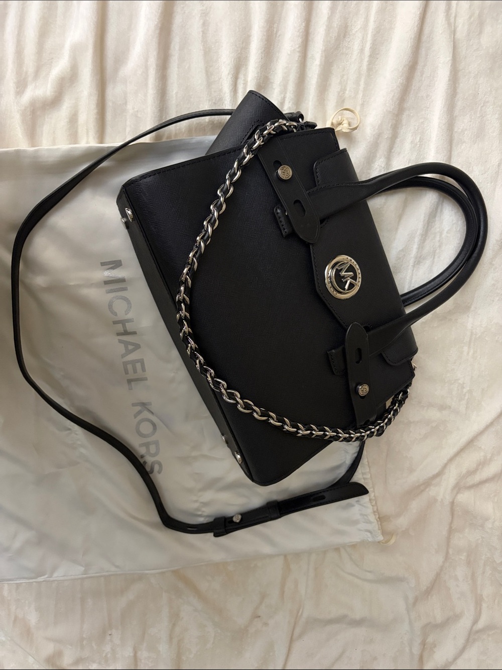 Michael Kors small Black Leather Carmen flap Satchel with Chain Accent